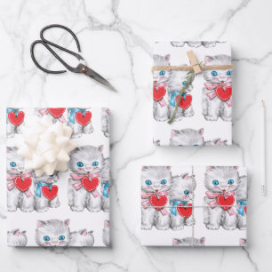 Retro Valentinstag Katzen, Vintage süße Kätzchen Geschenkpapier Set