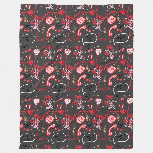 Retro Valentinstag Liebe Doodles Fleecedecke (Vorderseite)