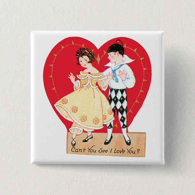 Retro Valentinstag, Vintag Harlequin und Herz Button (Vorderseite)