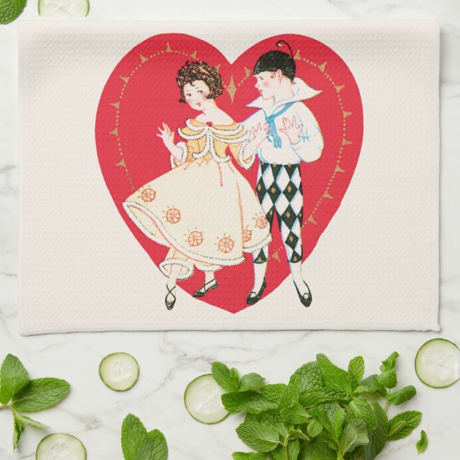Retro Valentinstag, Vintag Harlequin und Herz Geschirrtuch (Gefaltet)
