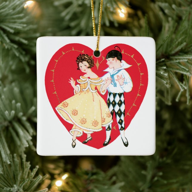 Retro Valentinstag, Vintag Harlequin und Herz Keramikornament (Baum)