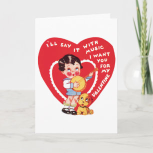 Retro Valentinstag, Vintage Boy Music Banjo Feiertagskarte