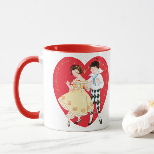 Retro Valentinstag, Vintage-Harlekin und Herz Tasse