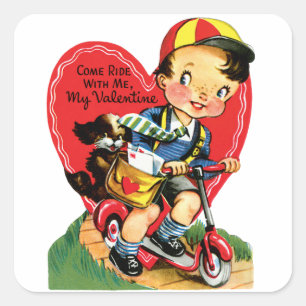 Retro Valentinstag, Vintage Junge auf einem Roller Quadratischer Aufkleber