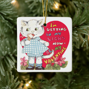 Retro Valentinstag Vintage-Katze isst Eiscreme Keramikornament