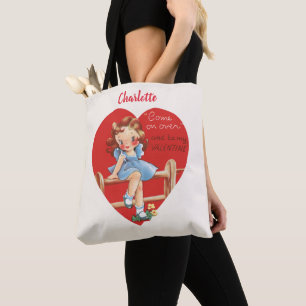 Retro Valentinstag, Vintage Mädchen auf einem Zaun Tasche
