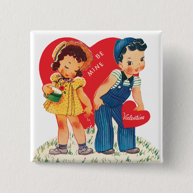 Retro Valentinstag, Vintages Mädchen und junge Her Button (Vorderseite)