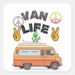 Retro-Van-Leben-Alien-Camper-Friedenszeichen-Desig Quadratischer Aufkleber