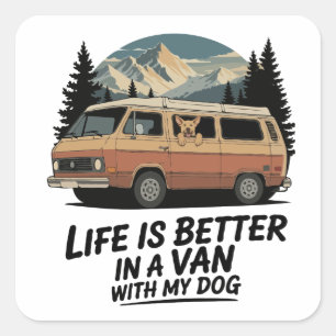 Retro-Van-Leben mit Hund Mountain-Abenteuer Quadratischer Aufkleber