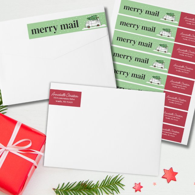 Retro Van Merry Mail Weihnachten Grün und Rot (Vintage Van with Christmas Tree Green and Red Wrap Around Return Address Labels)