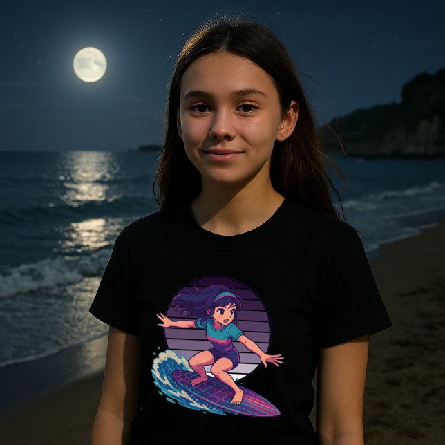 Retro Vaporwave Moon Surfer Anime Girl T-Shirt (Von Creator hochgeladen)