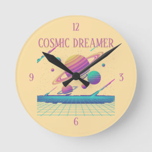Retro-Vaporwave-Planeten-Synthwave Runde Wanduhr
