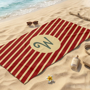 Retro Varsity Karmesinrot und Creme Streifen Monog Strandtuch