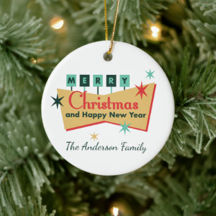 Retro Vegas Style Frohe Weihnachtsfamilie Name Keramik Ornament