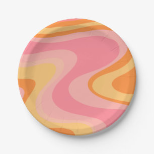 Retro Vibe Abstrakt Swirl 60er 70er Pink und Orang Pappteller