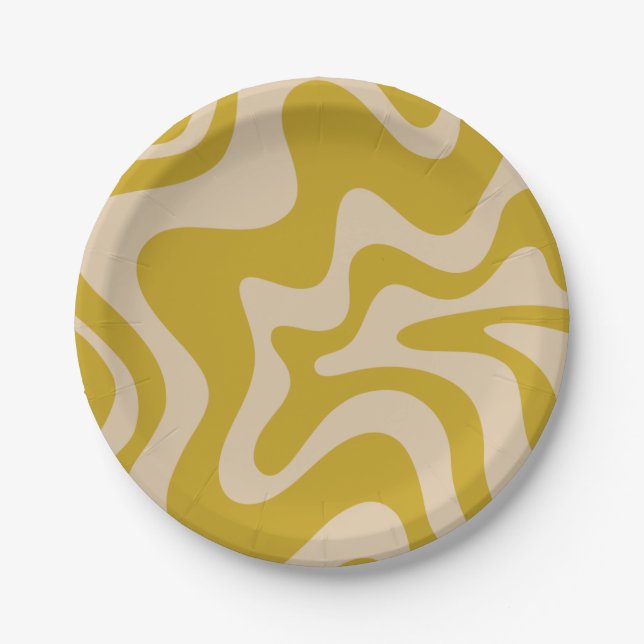 Retro Vibe Liquid Swirl Muster in Mustard Gelb Pappteller (Vorderseite)