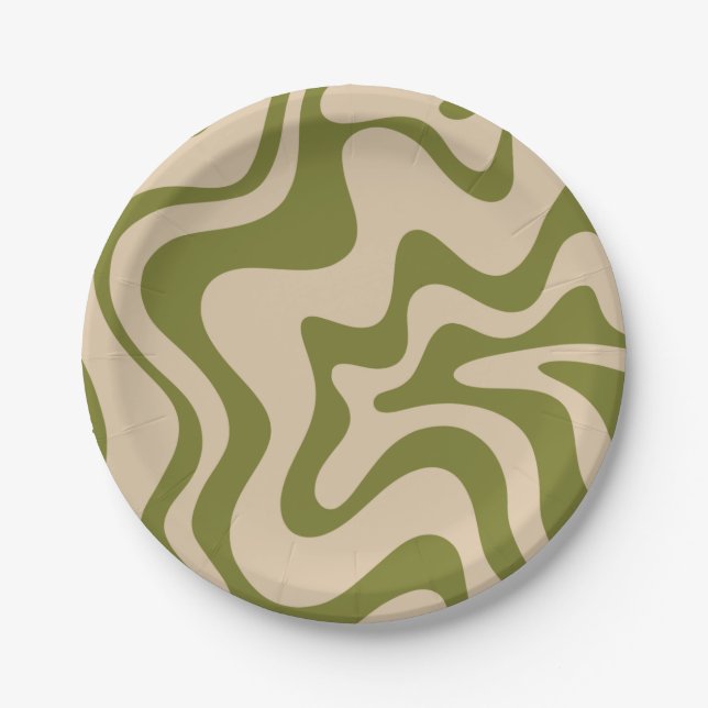 Retro Vibe Liquid Swirl Muster in Olive Green Pappteller (Vorderseite)