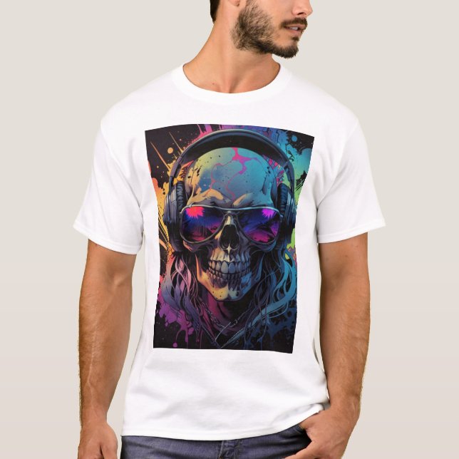 Retro Vibe Skull T - Shirt Design mit Music Flair (Vorderseite)