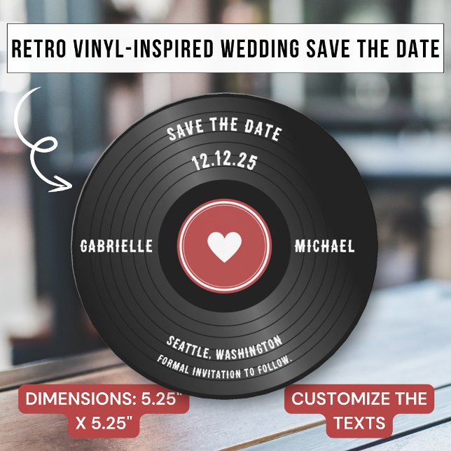 Retro Vibe Vinyl Music Theme Red Save the Date Einladung (Von Creator hochgeladen)