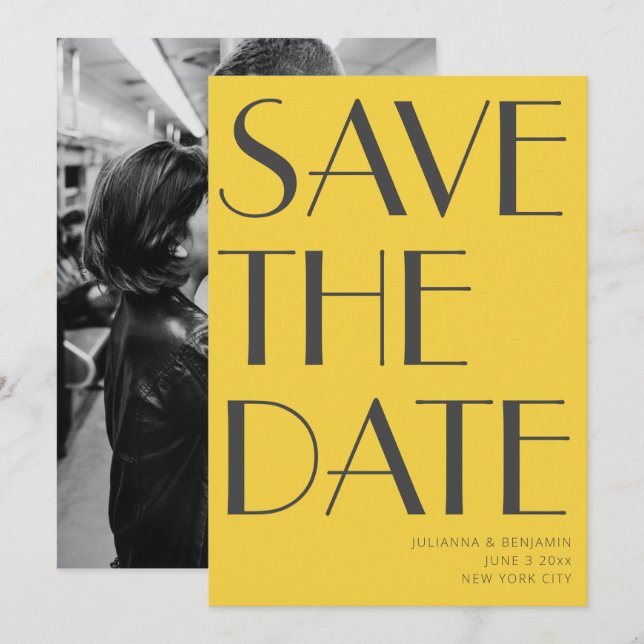 Retro Vibranly Gelb Art Deco Editorial Chic Foto Save The Date (Vorne/Hinten)