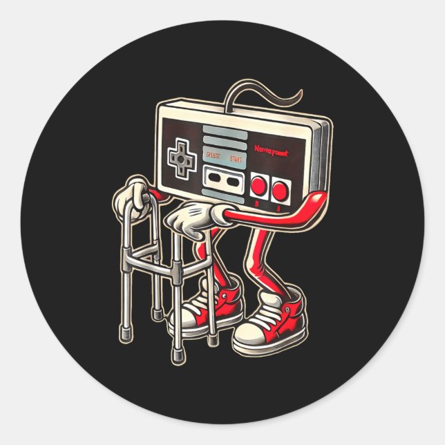 Retro Video Game Controller With Walker Funny Game Runder Aufkleber (Vorderseite)