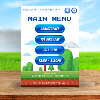 Retro Video Game Menu 1. Geburtstag Party Einladung
