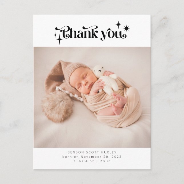 Retro Vielen Dank, dass Sie Baby Foto Birth Ankünd Ankündigungspostkarte (Vorderseite)
