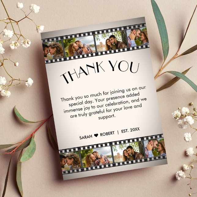 Retro Vignette Foto Collage Film Strip Hochzeit Dankeskarte (Retro Vignette Photo Collage Film Strip Wedding Thank You Card)