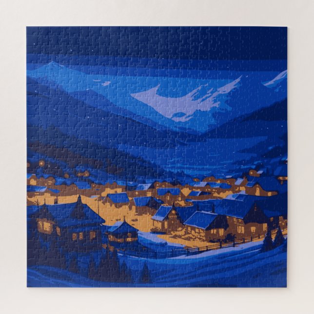 Retro Village Mountain Blue Gold Landschaft (Vertikal)