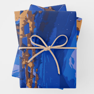 Retro Village Mountain Blue Gold Landschaft Geschenkpapier Set