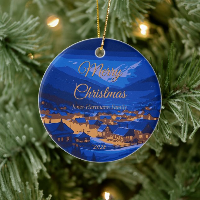 Retro Village Mountain Blue Gold Landschaft Keramik Ornament (Baum)