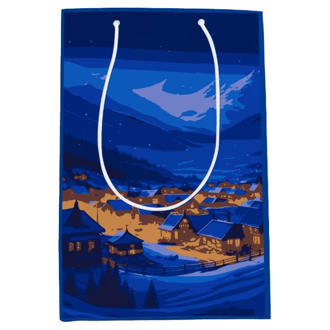 Retro Village Mountain Blue Gold Landschaft Mittlere Geschenktüte (Vorderseite)