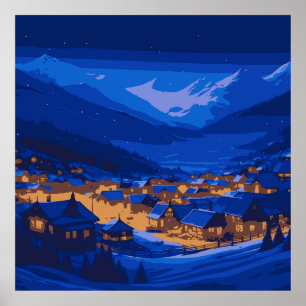 Retro Village Mountain Blue Gold Landschaft Poster