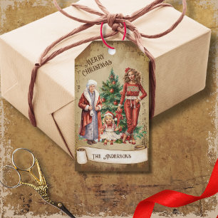 Retro Vintag 3 Generationen und ein Weihnachtsbaum Geschenkanhänger