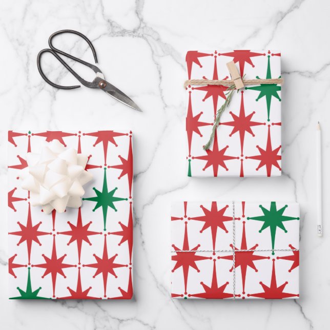 Retro Vintag 50er Weihnachts-Star-Muster Geschenkpapier Set (Vorderseite)