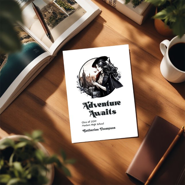 Retro Vintag Adventure Awaits Abschluss Foto Ankündigung (Retro Vintage Adventure Awaits Graduation Photo Announcement)