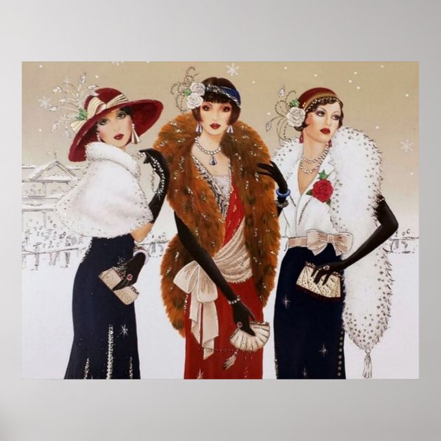Retro Vintag Art Deko Weihnachtsfrauenposter (Vorne)