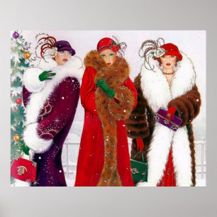 Retro Vintag Art Deko Weihnachtsfrauenposter