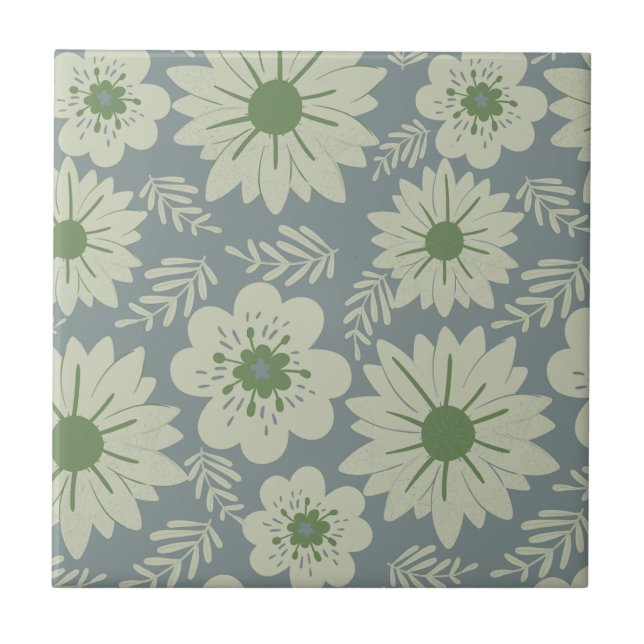 Retro Vintag Blue Green Floral Fliese (Vorderseite)