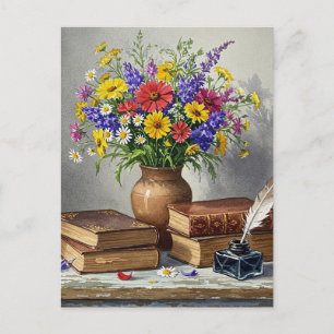 Retro Vintag Books Blume Writer Postcard Postkarte