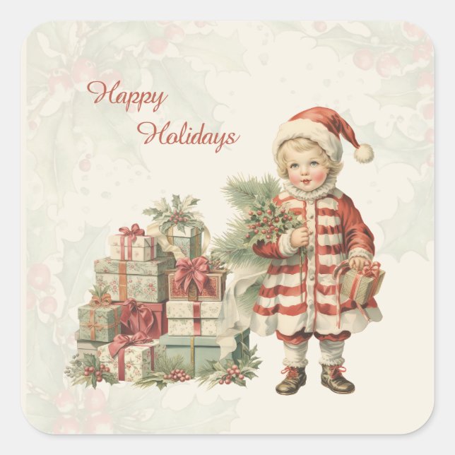 Retro Vintag Boy Christmas Geschenke Quadratischer Aufkleber (Vorderseite)