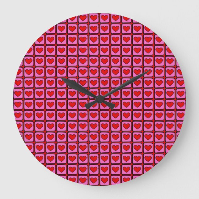 Retro Vintag Checkered Heart Y2K Pattern Große Wanduhr (Vorderseite)