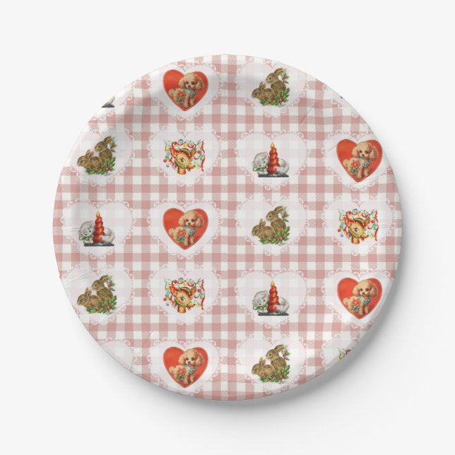 Retro Vintag Coquette Baby Animals Gingham Pappteller (Vorderseite)