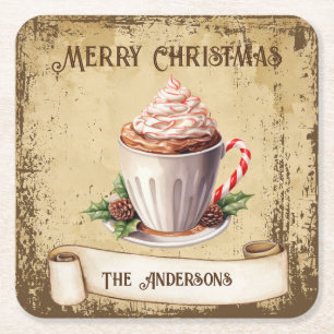 Retro Vintag Cup Peppermint Kakao Weihnachten Rechteckiger Pappuntersetzer