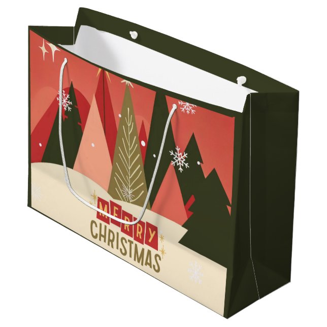 Retro/Vintag Frohe Weihnachtsbaum Große Geschenktüte (Vorderseite Schrägansicht)