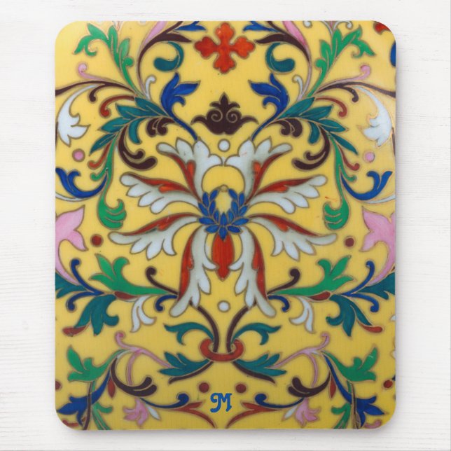 Retro Vintag Gelbblüte Botanisch Mit Monogramm Mousepad (Vorne)