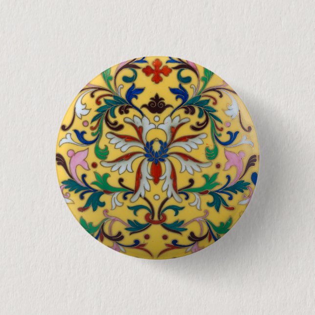 Retro Vintag Gelbe Minton Tile Botanisch Button (Vorderseite)