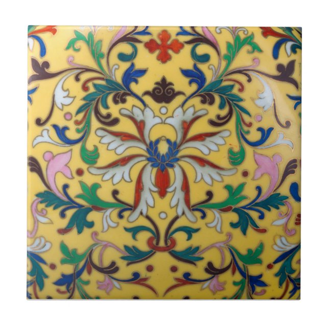 Retro Vintag Gelbe Minton Tile Botanisch Fliese (Vorderseite)