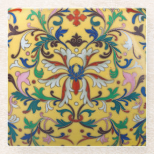Retro Vintag Gelbe Minton Tile Botanisch Glasuntersetzer