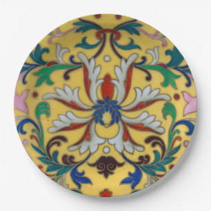 Retro Vintag Gelbe Minton Tile Botanisch Pappteller